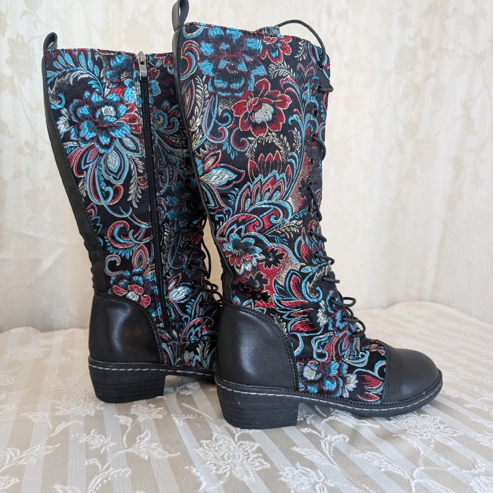 Gorgeous Lace-up Tapestry Riding Boots